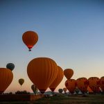 Hot air balloons preparing for flight at sunrise