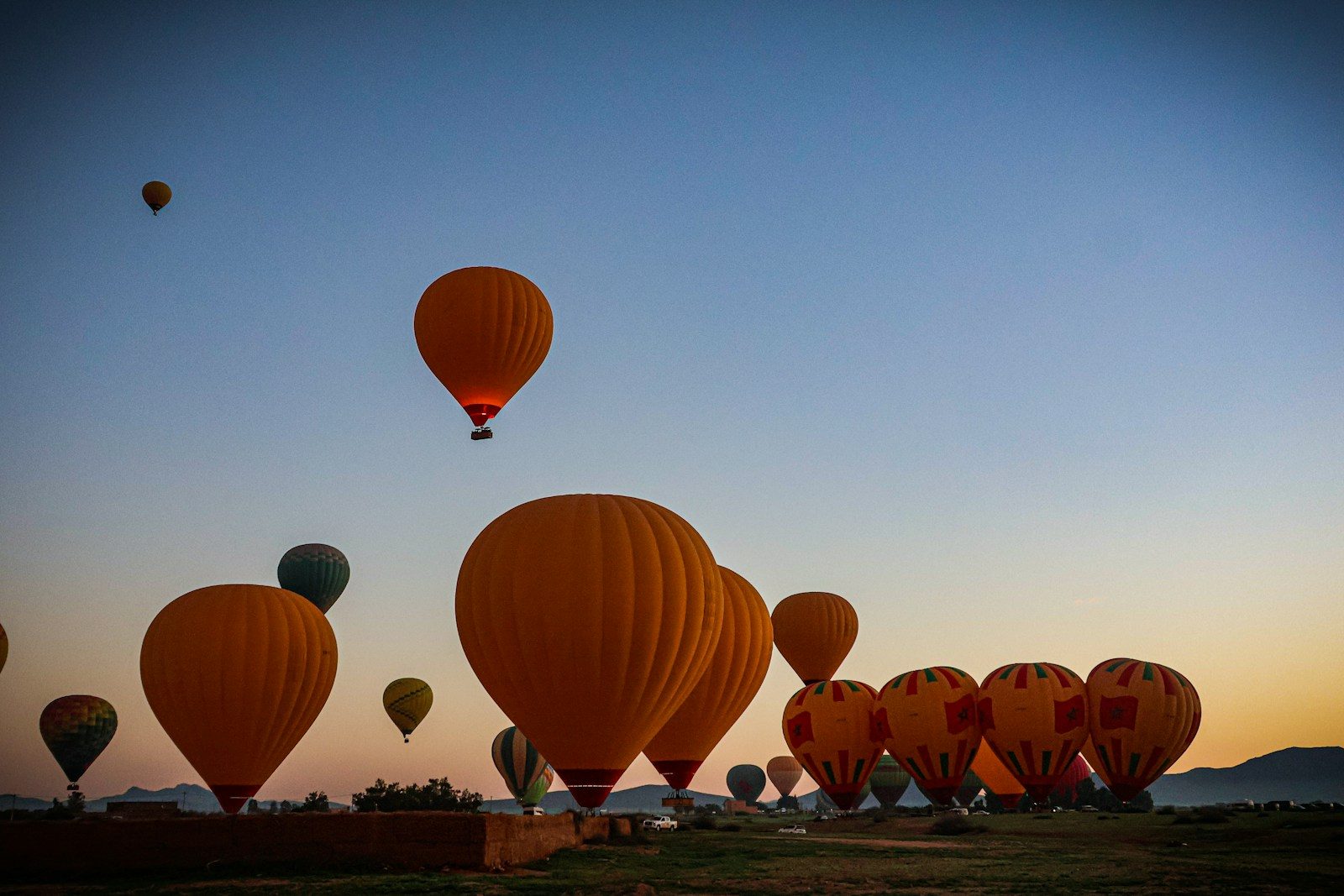 Hot air balloons preparing for flight at sunrise