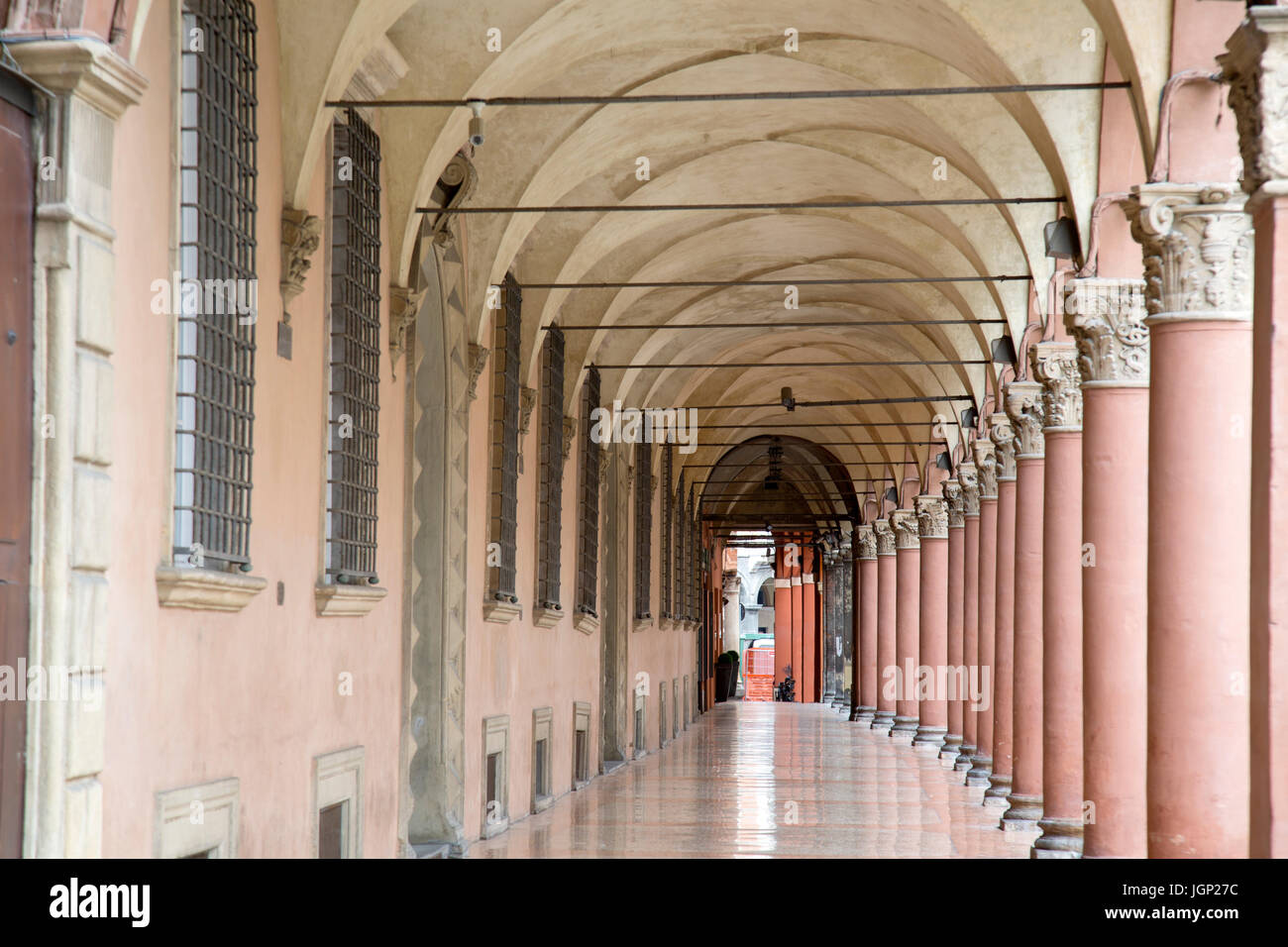 Historic portico street in Bologna Italy