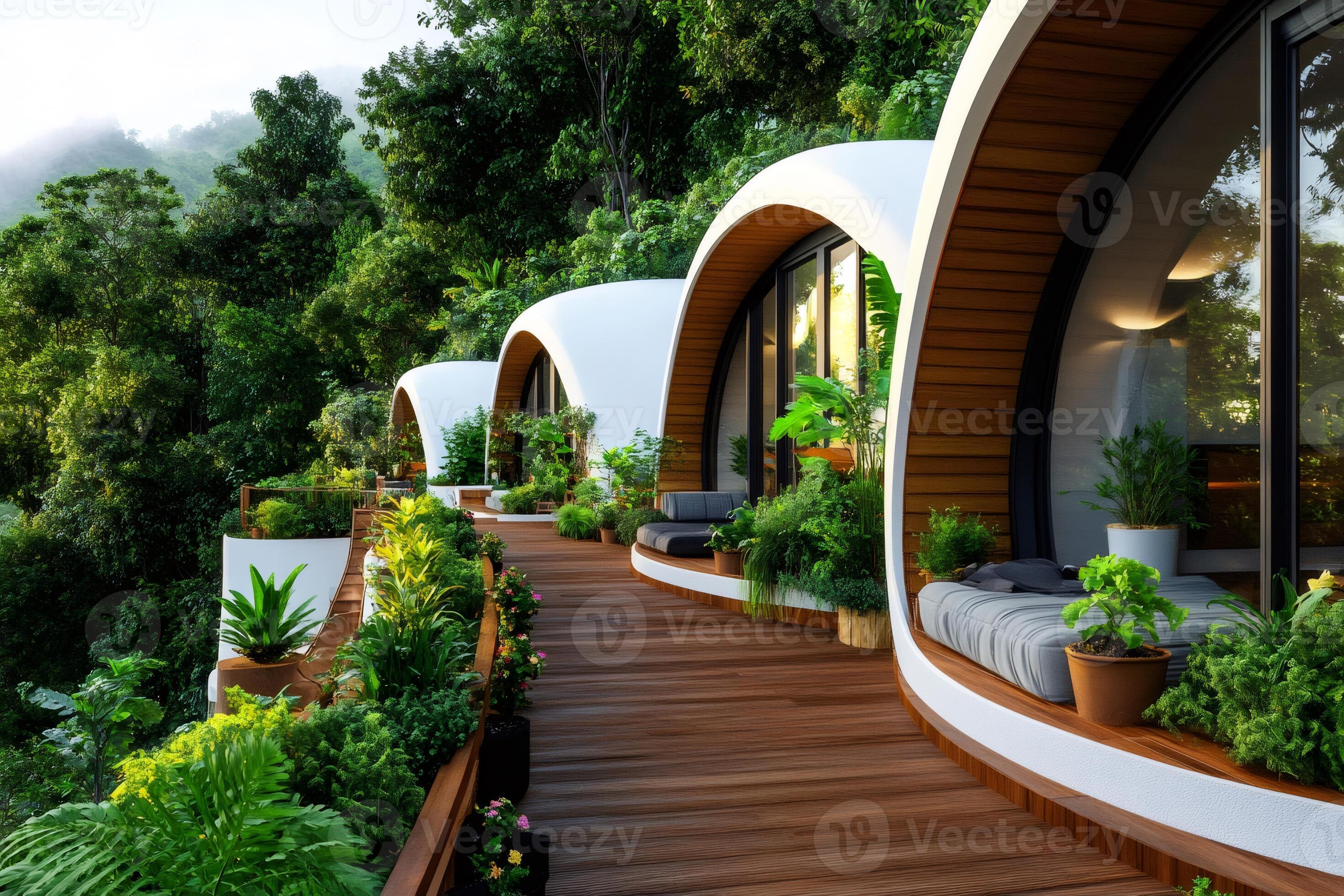 Energy-efficient hotel room with sustainability-focused design