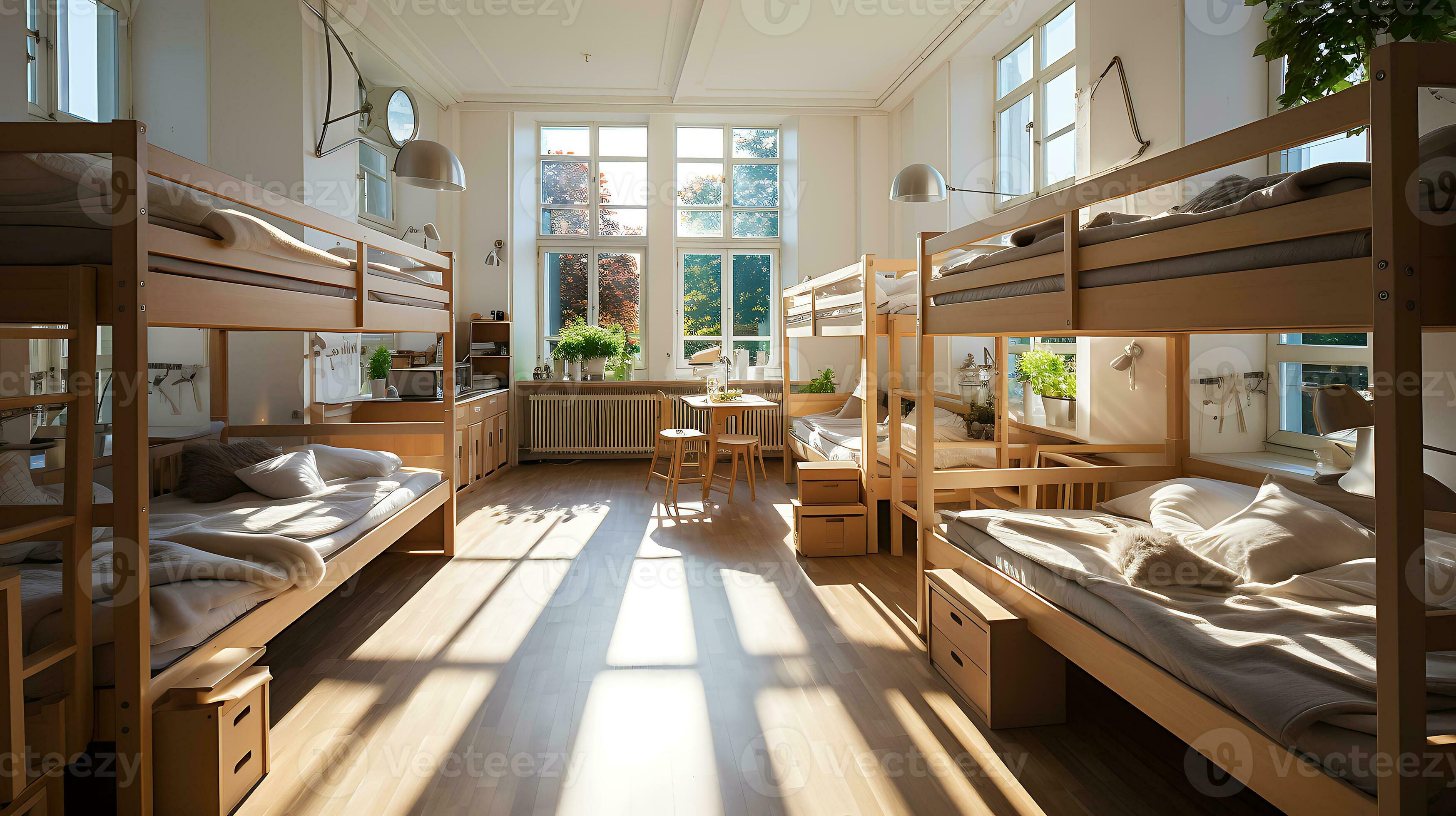 Hostel dormitory and social common area for budget travelers