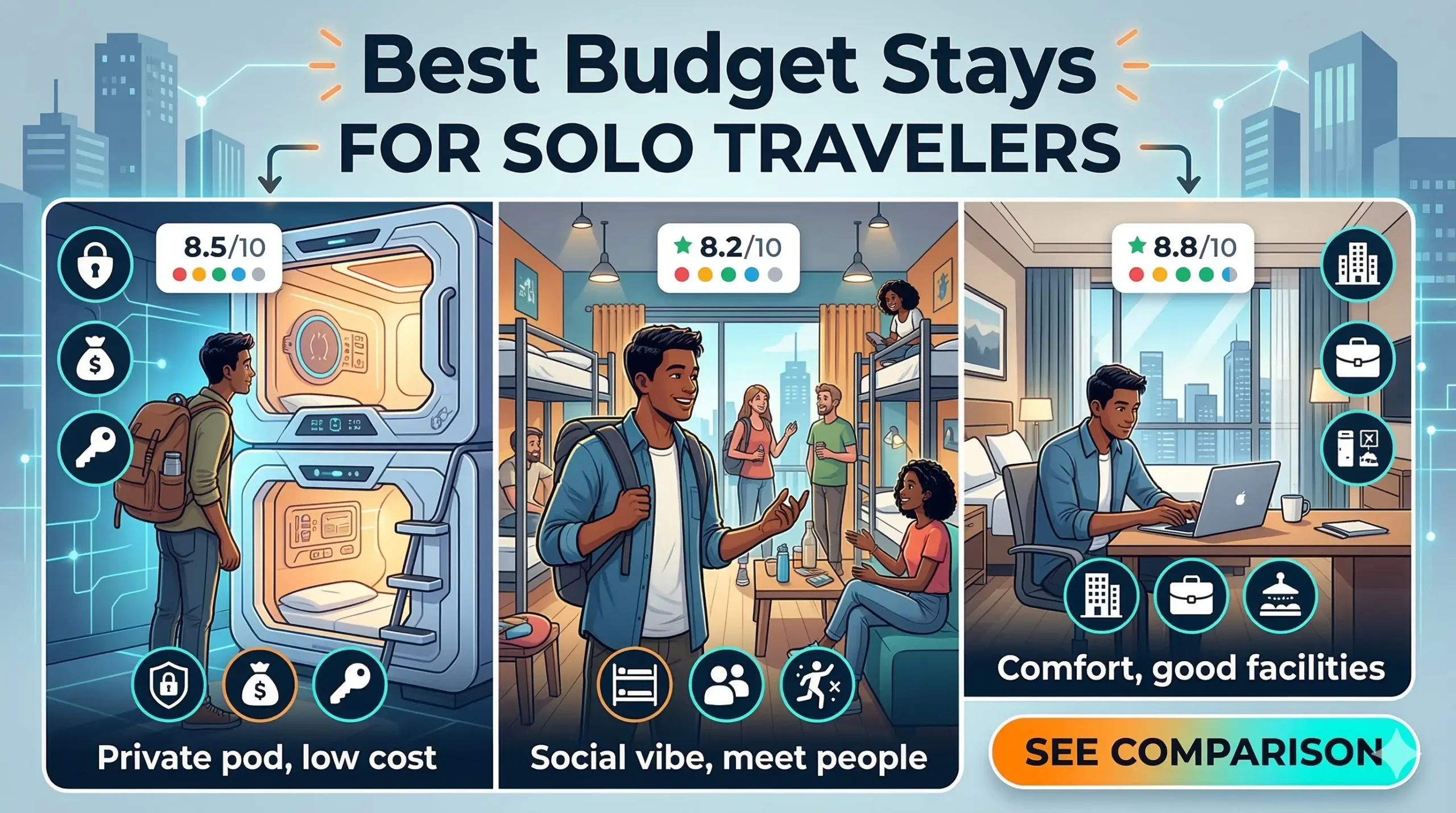 Hotel, aparthotel and hostel accommodation options compared for different trips