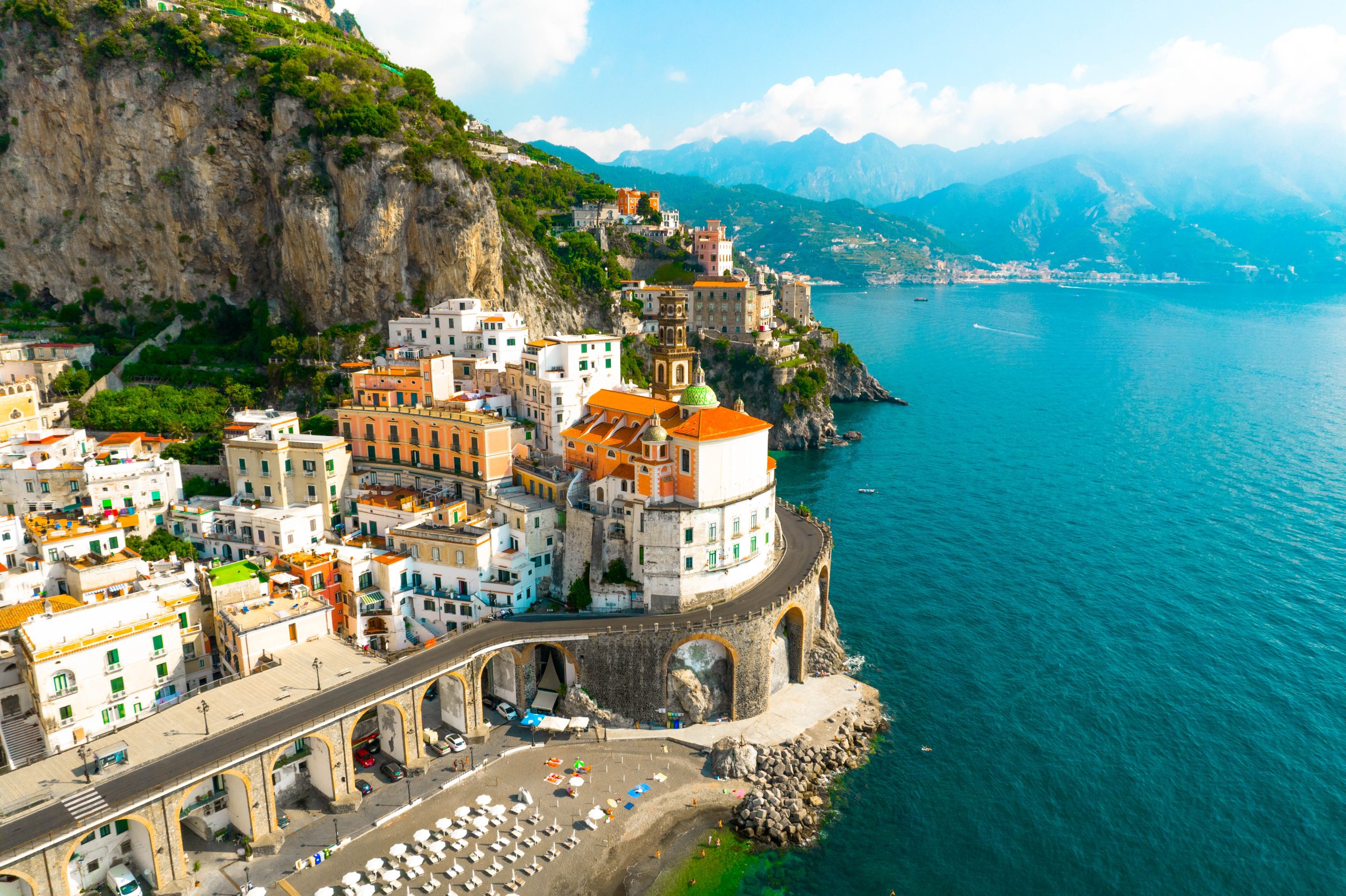 Mediterranean coastal town during spring shoulder season