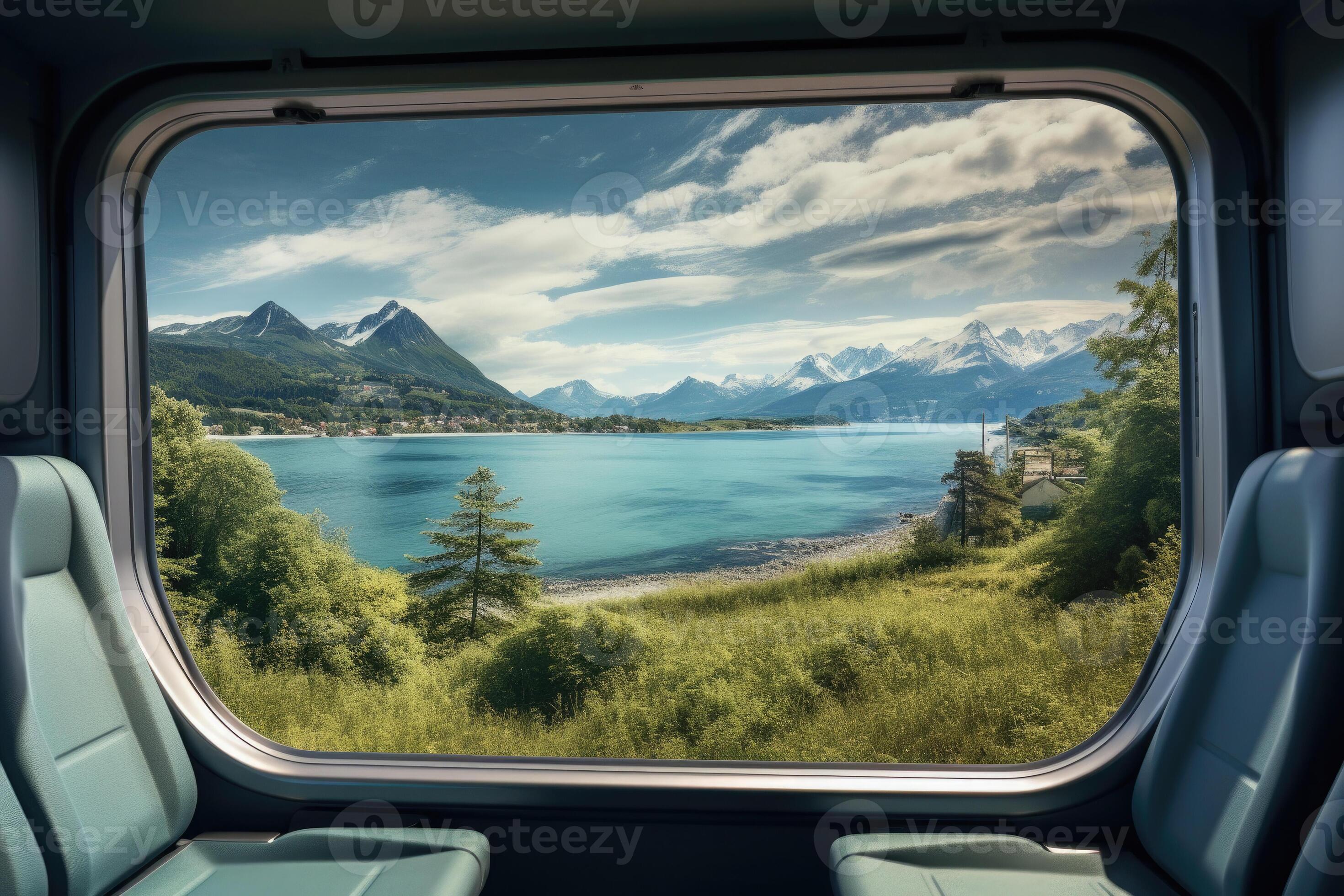 Traveler enjoying panoramic scenery from a train window