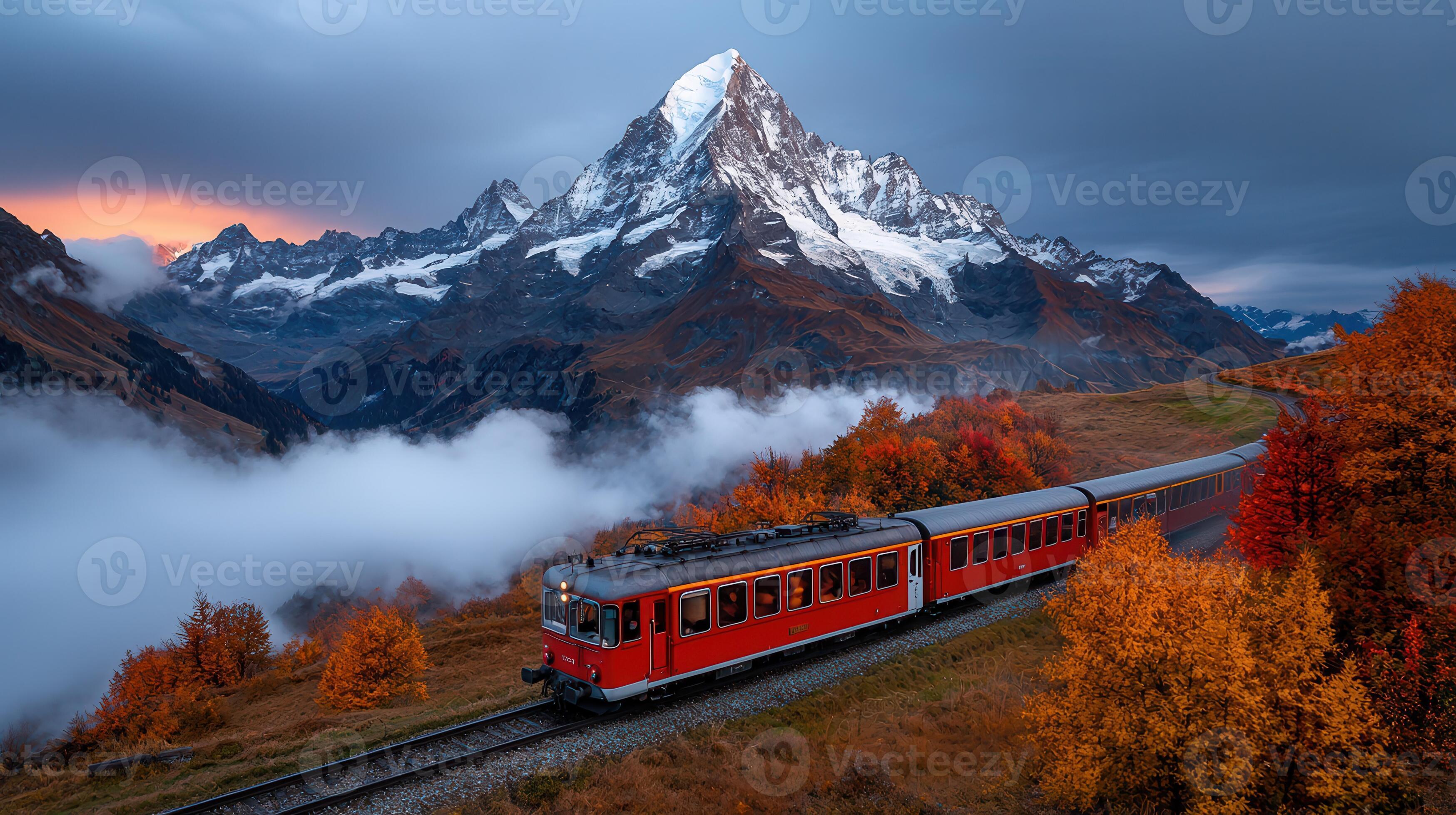 Scenic passenger train traveling through the Swiss Alps