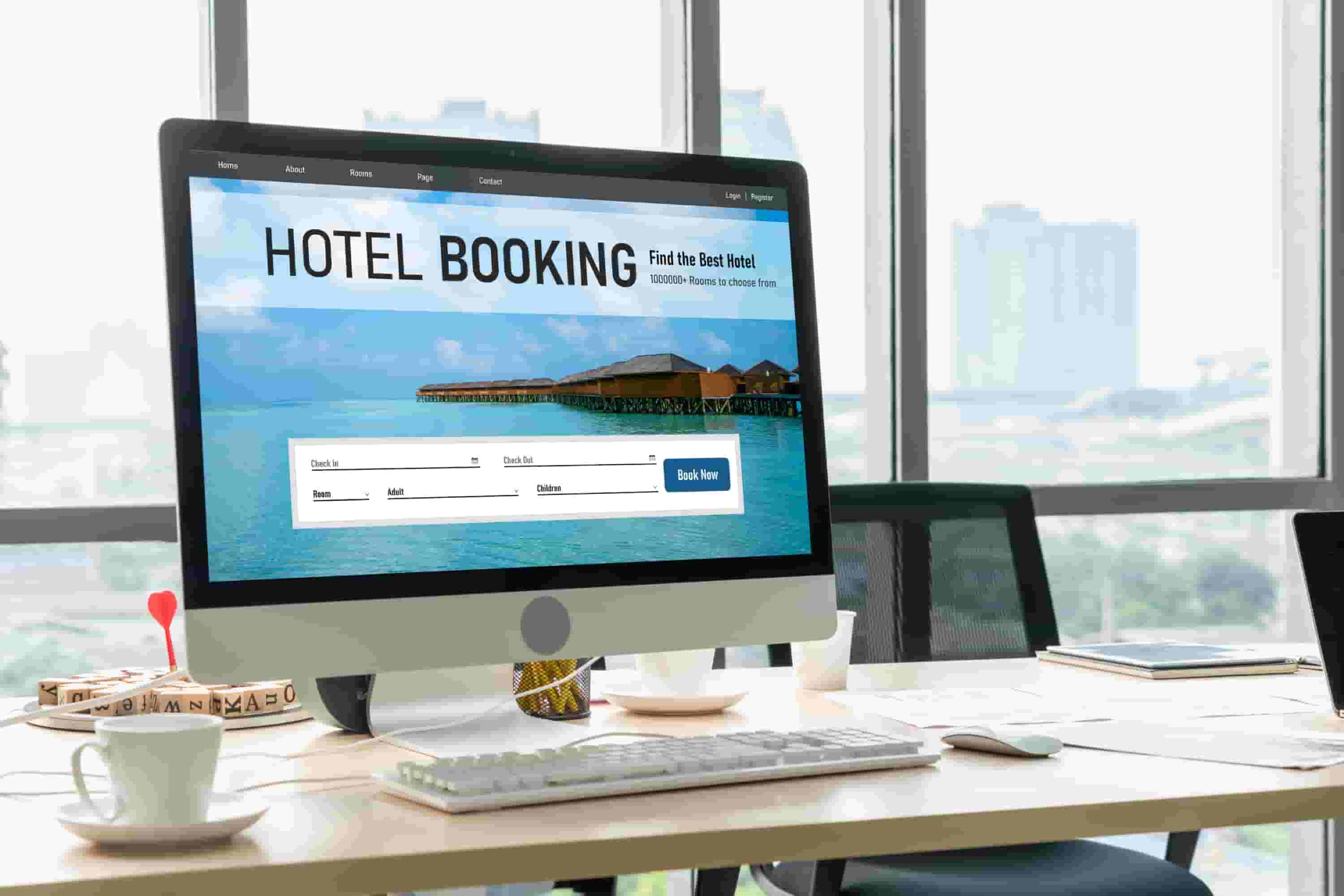 Traveler comparing hotel rooms, reviews and practical features online