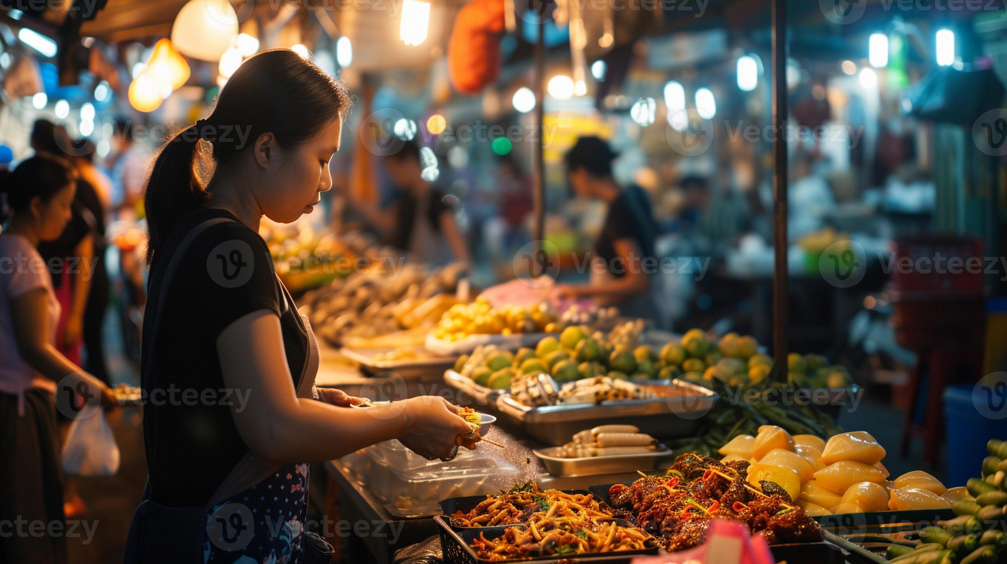Traveler exploring a local food market and interacting with vendors respectfully